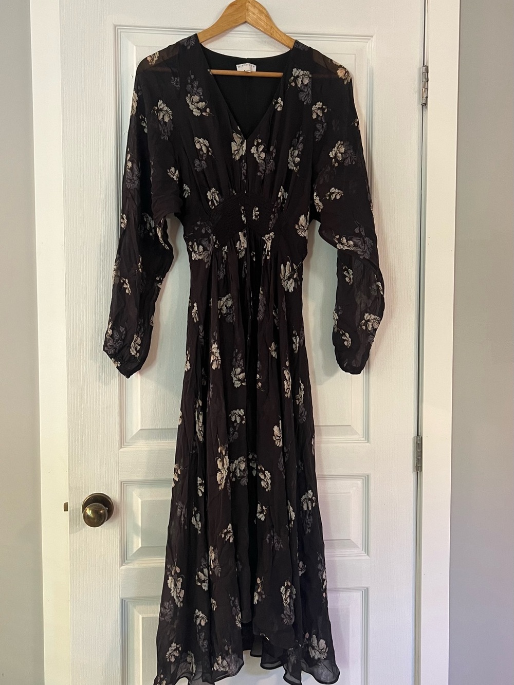 Witchery Long Sleeve Floral V-Neck Maxi Dress with Blush Accents